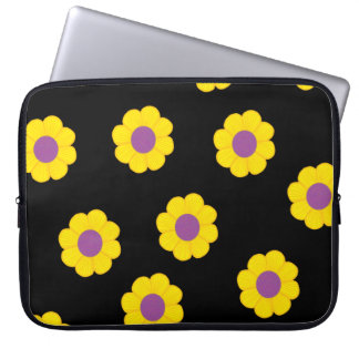 Funda portátil negro con patrón de flores amarilla