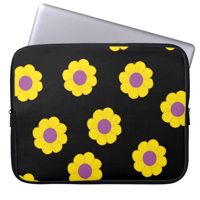 Funda portátil negro con patrón de flores amarilla (Frente)