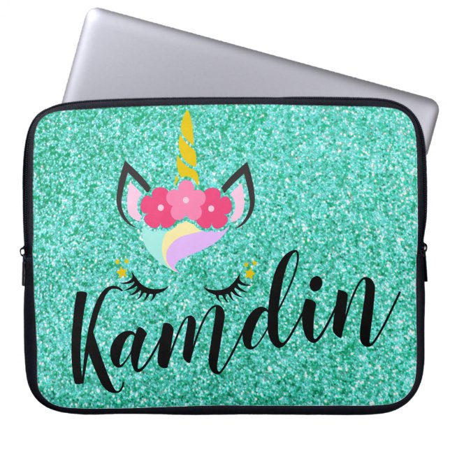 Funda portátil Purpurina Verde azulado de Unicorn  (Frente)