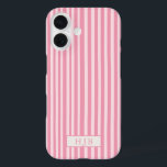 Funda Preppy Pink Stripe Monograma iPhone 16<br><div class="desc">Funda preppy de banda rosa monograma inicial para iPhone 16</div>