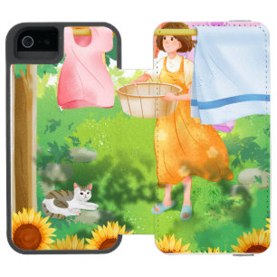 Funda Cartera Para iPhone 5 Watson Chica linda colgando ropa en un jardín de girasole