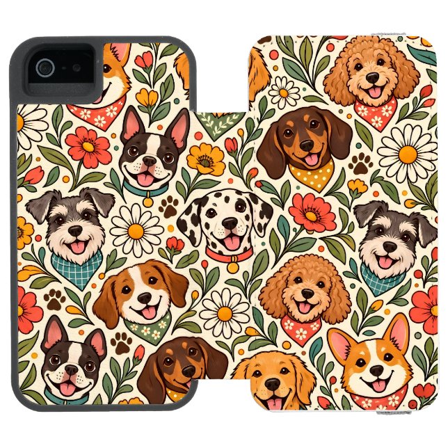 Funda Tipo Cartera Para iPhone De Incipio Cute Dogs and Colorful Floral Pattern (Folio abierto)
