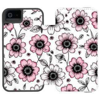 Funda Cartera Para iPhone 5 Watson Diseño de boceto de flores y hojas rosadas