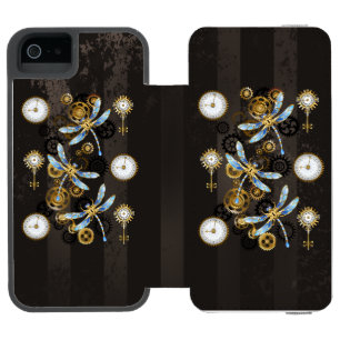 Funda Cartera Para iPhone 5 Watson Dragoniscos de Steampunk sobre fondo rayado marrón