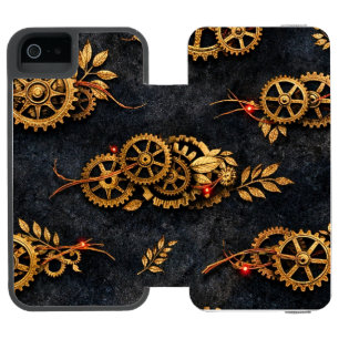 Funda Cartera Para iPhone 5 Watson Engranajes Dorados Vintage y Neon Rojo Cyberpunk M