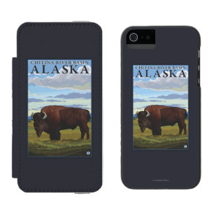 Funda Cartera Para iPhone 5 Watson Escena del bisonte - cuenca de río de Chitina,