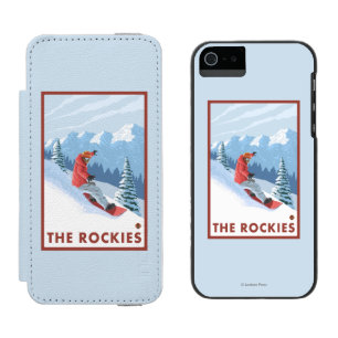 Funda Cartera Para iPhone 5 Watson Escena del Snowboarder - los Rockies