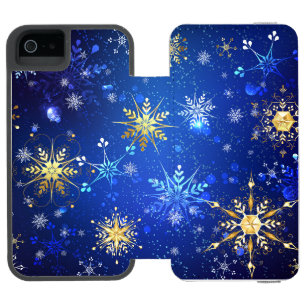 Funda Cartera Para iPhone 5 Watson Fondo azul de NAVIDAD con copos de nieve dorados