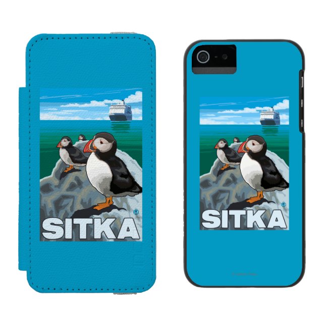 Funda Tipo Cartera Para iPhone De Incipio Frailecillos y barco de cruceros - Sitka, Alaska (Juntos)