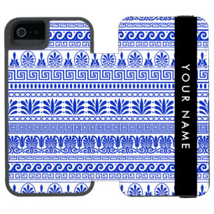 Funda Cartera Para iPhone 5 Watson Fret griego, llave de meandro mixta, azul, tu nomb