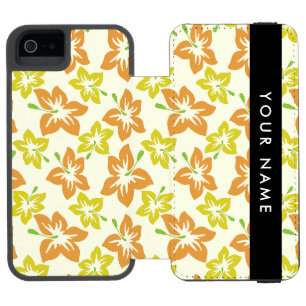 Funda Cartera Para iPhone 5 Watson Hibisco Amarillo, Hibisco Naranja, Tu Nombre