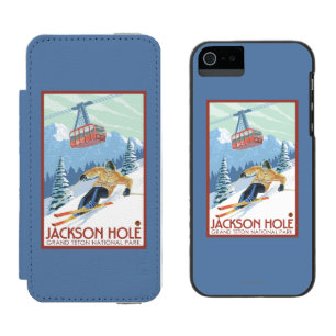 Funda Cartera Para iPhone 5 Watson Jackson Hole, esquiador de Wyoming y tranvía