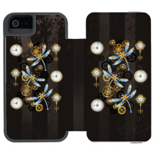 Funda Cartera Para iPhone 5 Watson Libélulas Steampunk sobre fondo rayado marrón