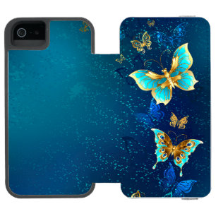 Funda Cartera Para iPhone 5 Watson Mariposas doradas sobre fondo azul