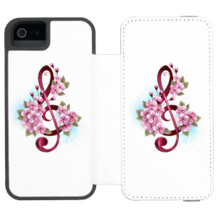 Funda Cartera Para iPhone 5 Watson Notas de clave de sol musical con flores de Sakura