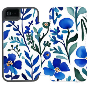 Funda Cartera Para iPhone 5 Watson Patrón de arte en acuarela de flores azules 