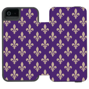 Funda Cartera Para iPhone 5 Watson Patrón Fleur de Lis, crema francesa real en morado