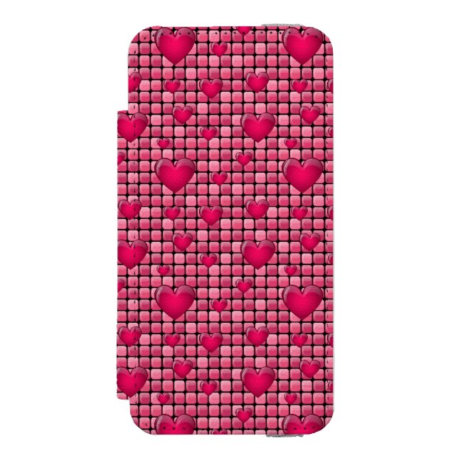 Funda Tipo Cartera Para iPhone De Incipio Pila rosada con los corazones (Anverso)