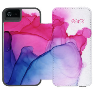 Funda Cartera Para iPhone 5 Watson Remolinos de Tinta Rosa Fushia y Azul con Iniciale