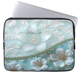 Funda verde azulada de portátil Floral blanca