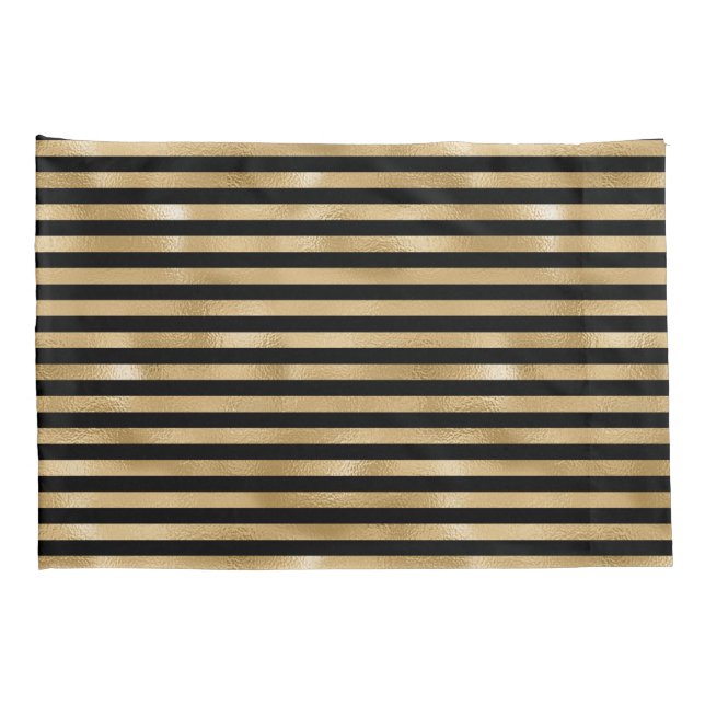 Fundas de almohada a rayas negras y doradas (Reverso-derecho)