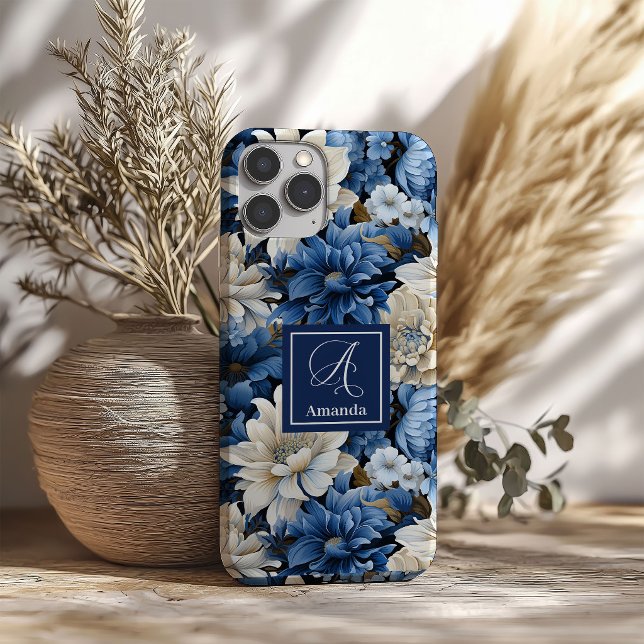 Fundas de teléfono de lujo con flores sofisticadas (Sophisticated Navy Blue Flowers Luxury Phone Case)
