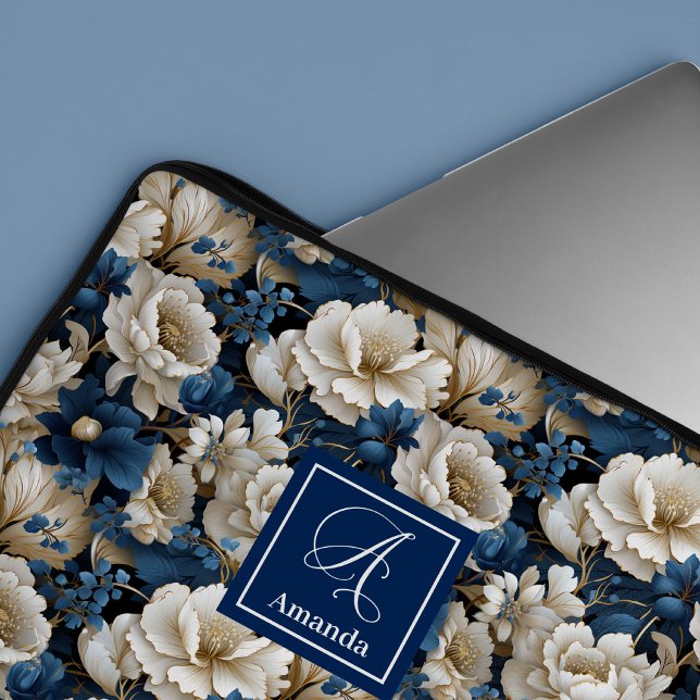Fundas para Laptop Elegantes Flores Azules de Dise (Designer Blue Flowers Chic Laptop Sleeve Case)