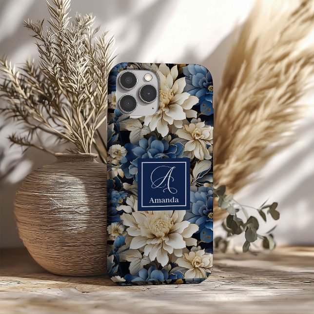 Fundas para Teléfono con Flores de Moda Azules y M (Trendy Blue and Ivory Flowers Stylish Phone Case)
