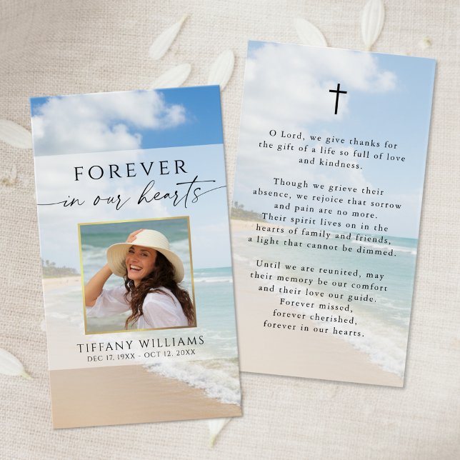 Funeral Beach Forever Hearts Photo Prayer Card (Subido por el creador)