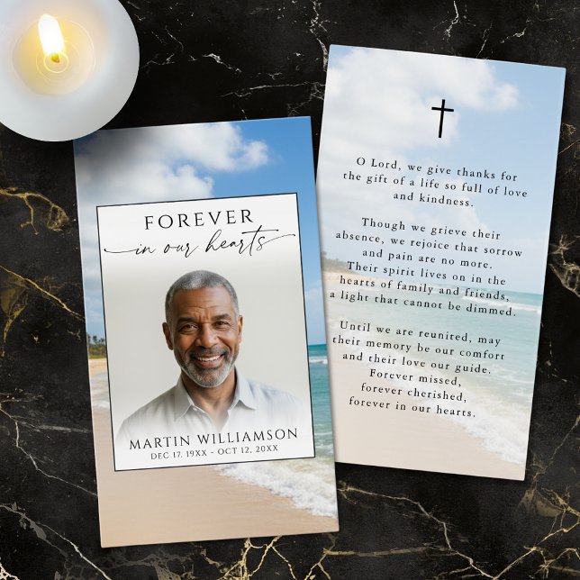 Funeral Beach Photo Forever Hearts Prayer Card (Subido por el creador)
