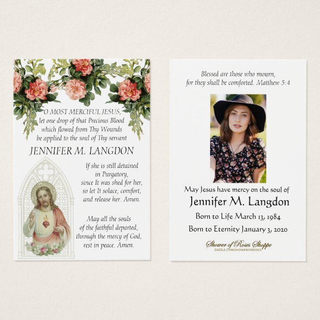 Funeral Católico Jesús Floral Vintage Prayer (Anverso y reverso)