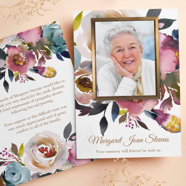 Funeral Gracias Tarjetas Dusty Blue & Misty Rosa 1 (Photo Sympathy Bereavement Memorial Funeral Thank You Card)