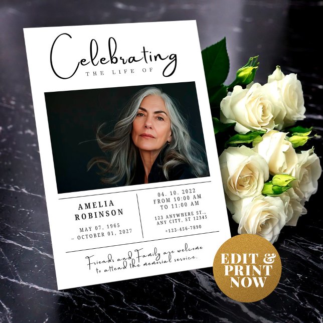 Funeral Invitación Memorial Service con foto (Celebration of Life Card Template Memorial Flyer Minimalist Funeral Announcement Invitation Editable)