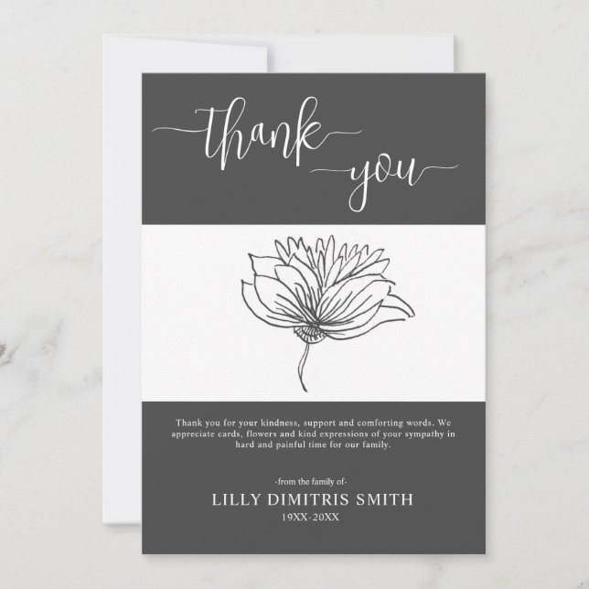 Funeral Memorial Gray Floral Gracias tarjeta (Anverso)