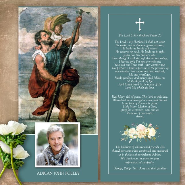 Funeral St Christopher Memorial Tarjeta de agradec (Catholic, Religious, Celebration of Life, In Loving Memory of, Forever in our hearts, funeral cards)