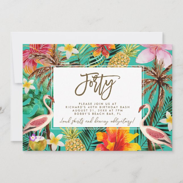 funky flamingo tropical 40ª invitación de cumpleañ (Anverso)