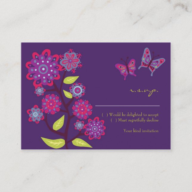 Funky Purple Flowers Wedding Tarjeta RSVP (Anverso)