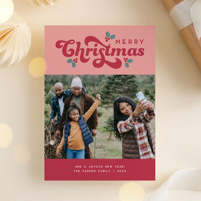 Funky Retro 70 Fotos de Feliz Navidad (funky retro 70s merry christmas photo card)