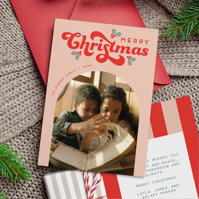 Funky Retro 70 Fotos de Feliz Navidad (retro 70s photo Christmas card with arch photo placeholder)