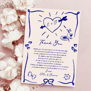 Funky Retro Mano Dibujo Azul Boda Gracias Tarjeta