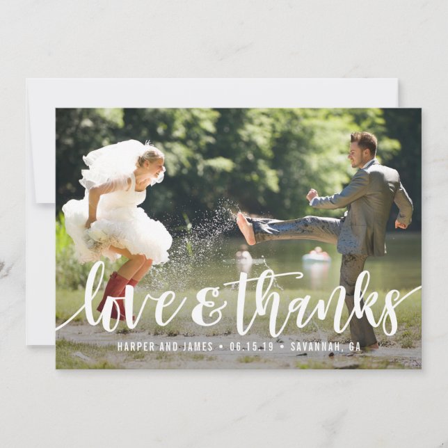 Funky Script Boda Gracias Tarjeta de fotos (Anverso)