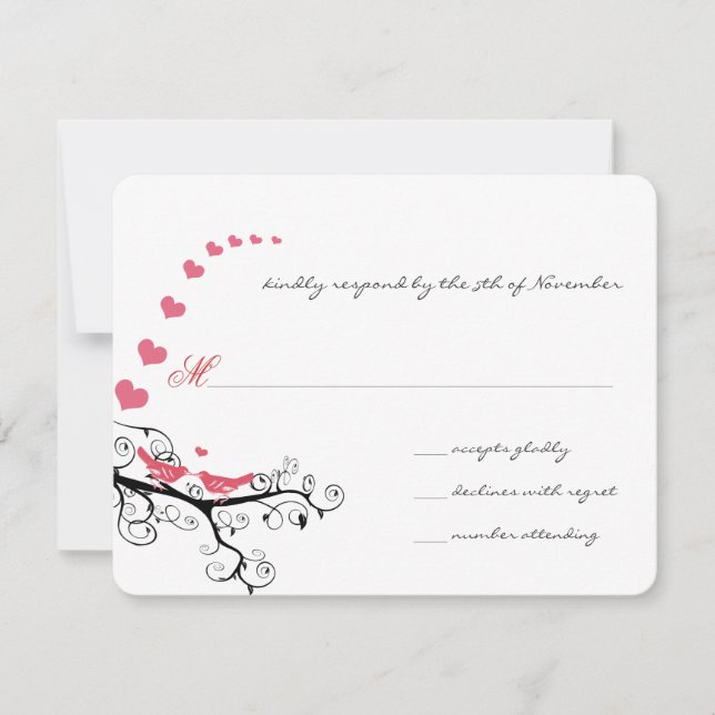 Funky Swirly Pink Love Bird Tree Wedding RSVP (Anverso)