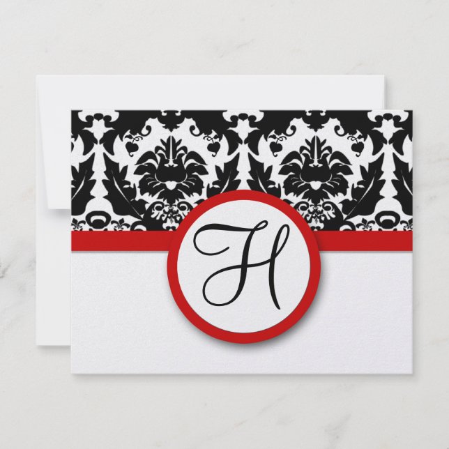 Funky y divertido Damask negro Trim rojo boda RSVP (Anverso)