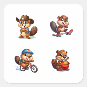 Funny Beaver Cartoon Character 4 Pegatinas Pack