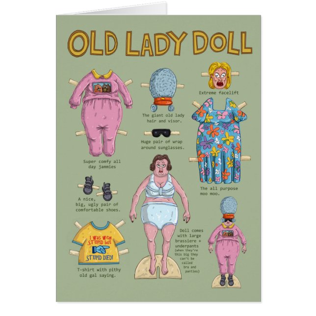 FUNNY Birday Card Old Lady Paper Doll (Frente)
