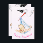 Funny Birthday Card Storm with Baby - Personalizab<br><div class="desc">Tarjetas de cumpleaños felices - Stork Cargar bebé Funny MGNED Diseño de pintura - Personalizable - o Agregar su texto / nombre</div>