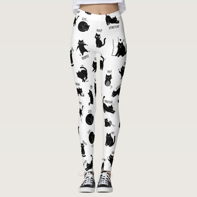 Funny Black Cat Cartoon Pattern Leggings (Anverso)