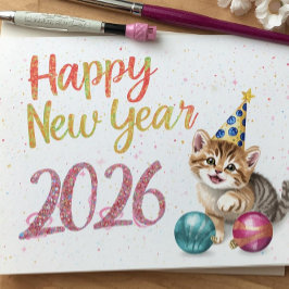funny cat happy new year Flat Card