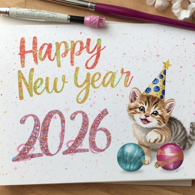 funny cat happy new year Flat Card (Subido por el creador)
