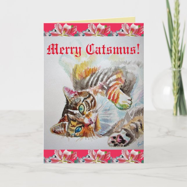 Funny Cat Merry Catsmas gatos Tarjeta de Navidades (Anverso)